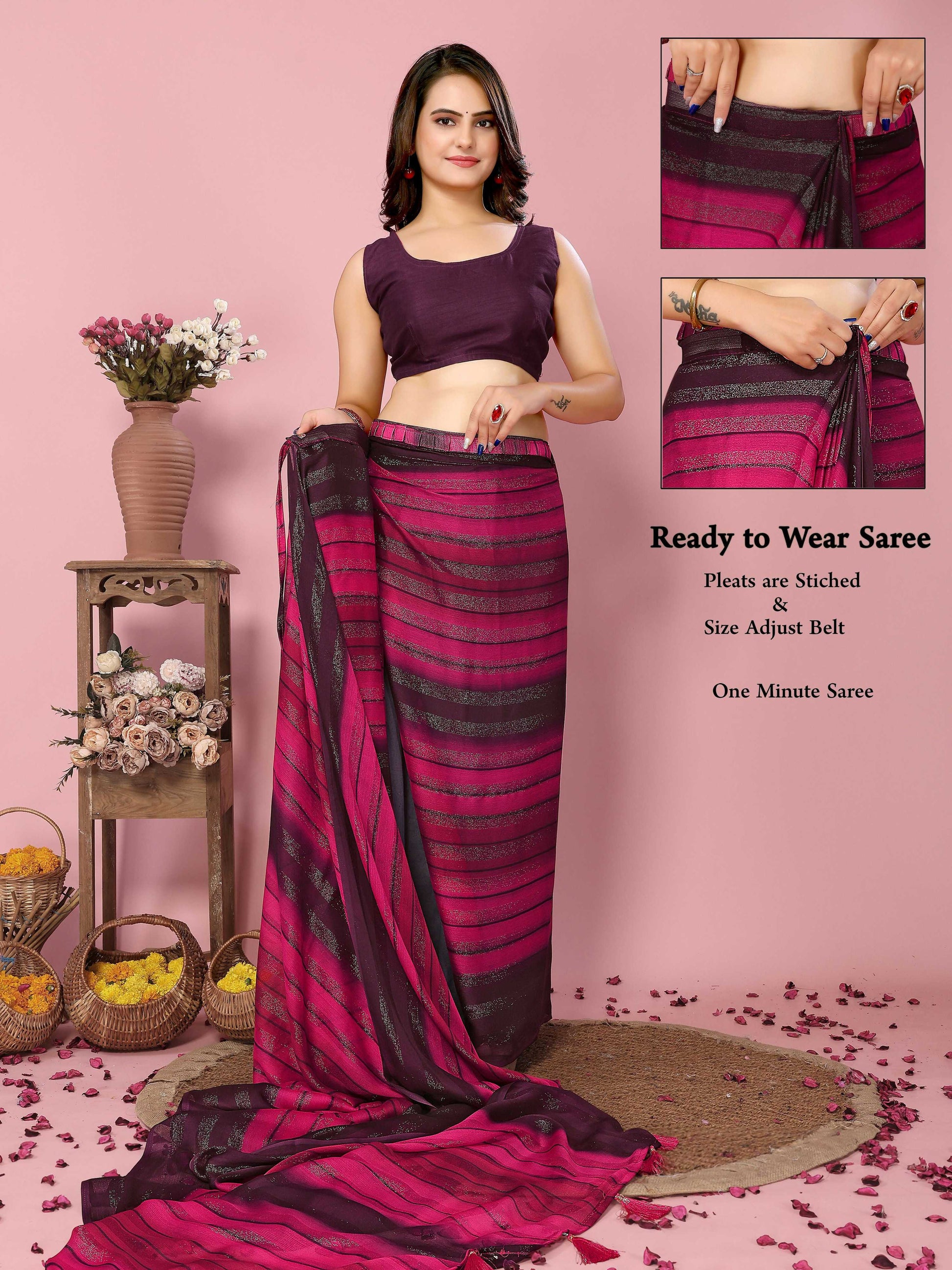 Attractive These Party Wear Ready To Wear Saree - Pink | Swadesiicart