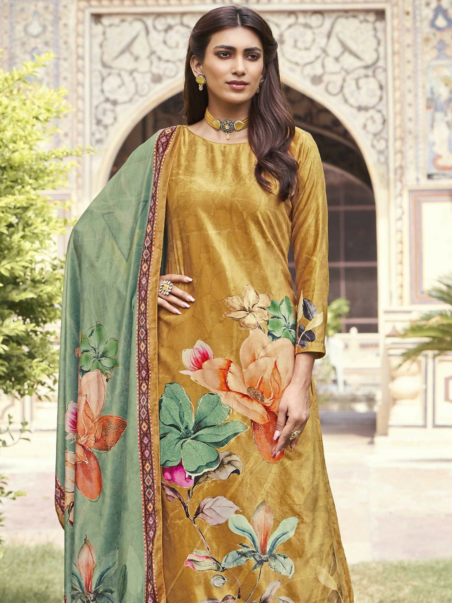 Jyoti Fashion Women's Mustard Velvet Floral Digital Printed Kurta with Trouser & Dupatta | Swadesiicart