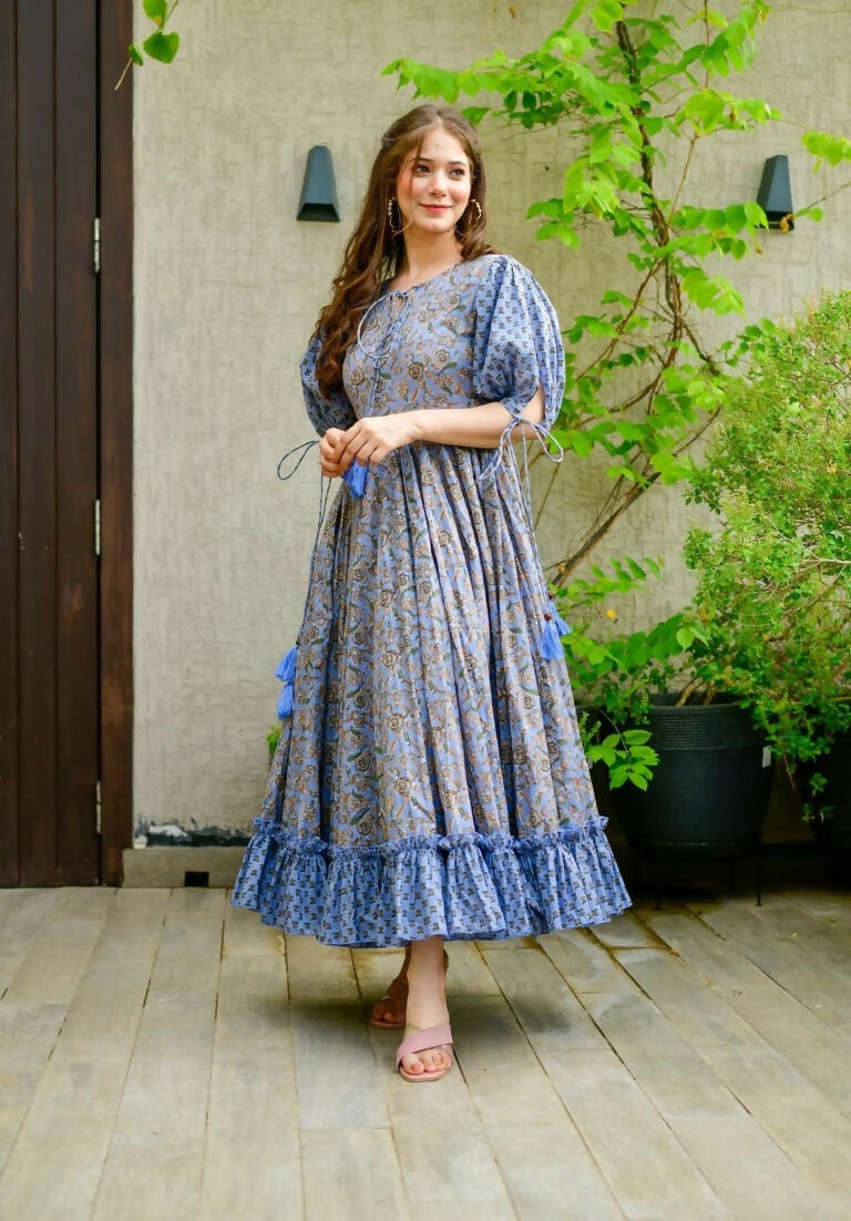 Jyoti Fashion Women's Blue Heavy Digital Printed Cotton Silk Anarkali Dress | Swadesiicart