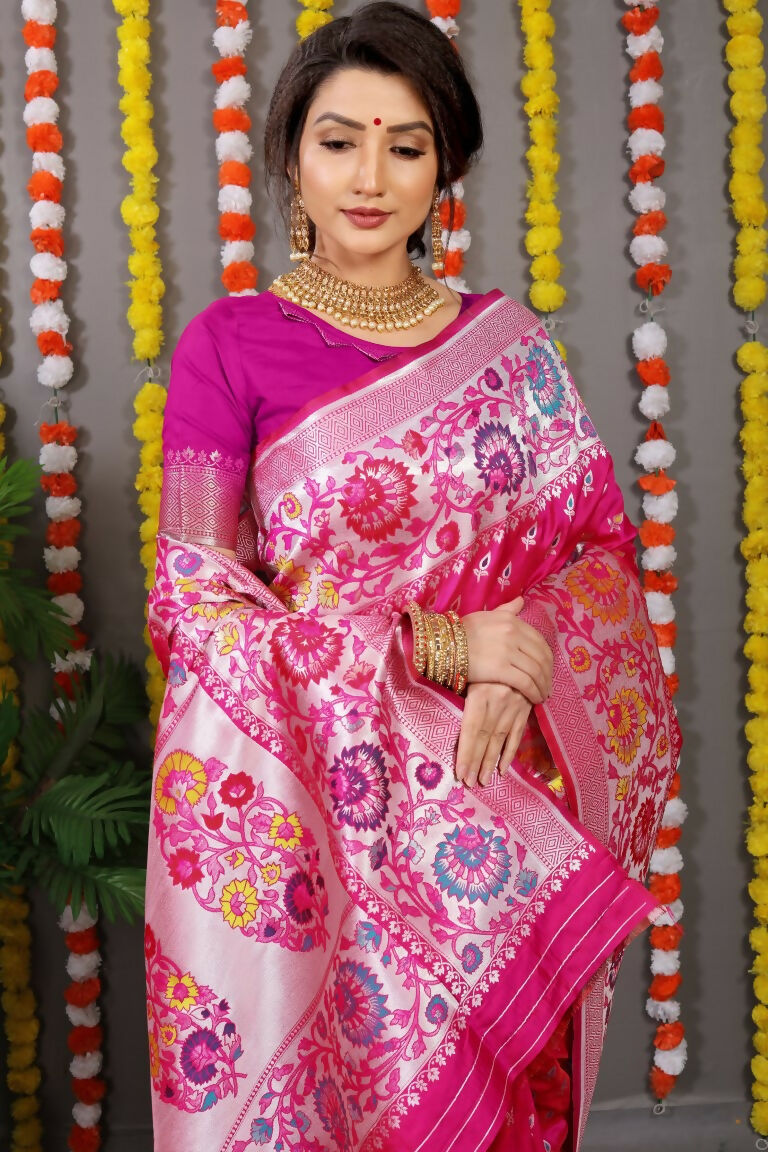 Jyoti Fashion Women's Rani Pink Banarasi Silk Zari Woven Saree with Blouse | Swadesiicart