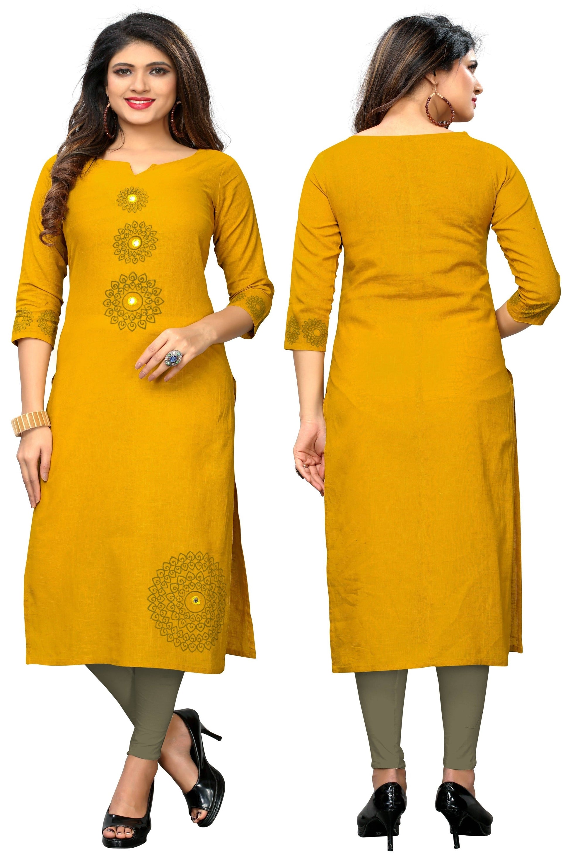 NOZ2TOZ Women's Yellow Color Slub Cotton Straight Kurta Only - Swadesiicart