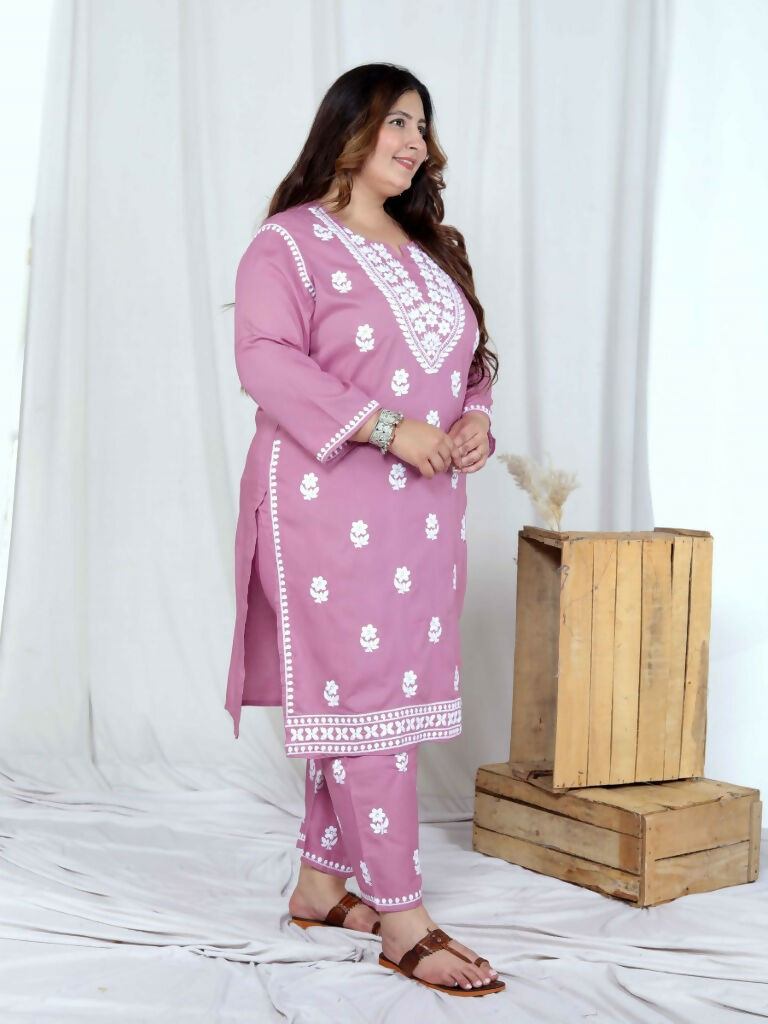 Miravan Women's Plus Size Chikankari Embroidery Pink Straight Kurta And Palazzo Set | Swadesiicart