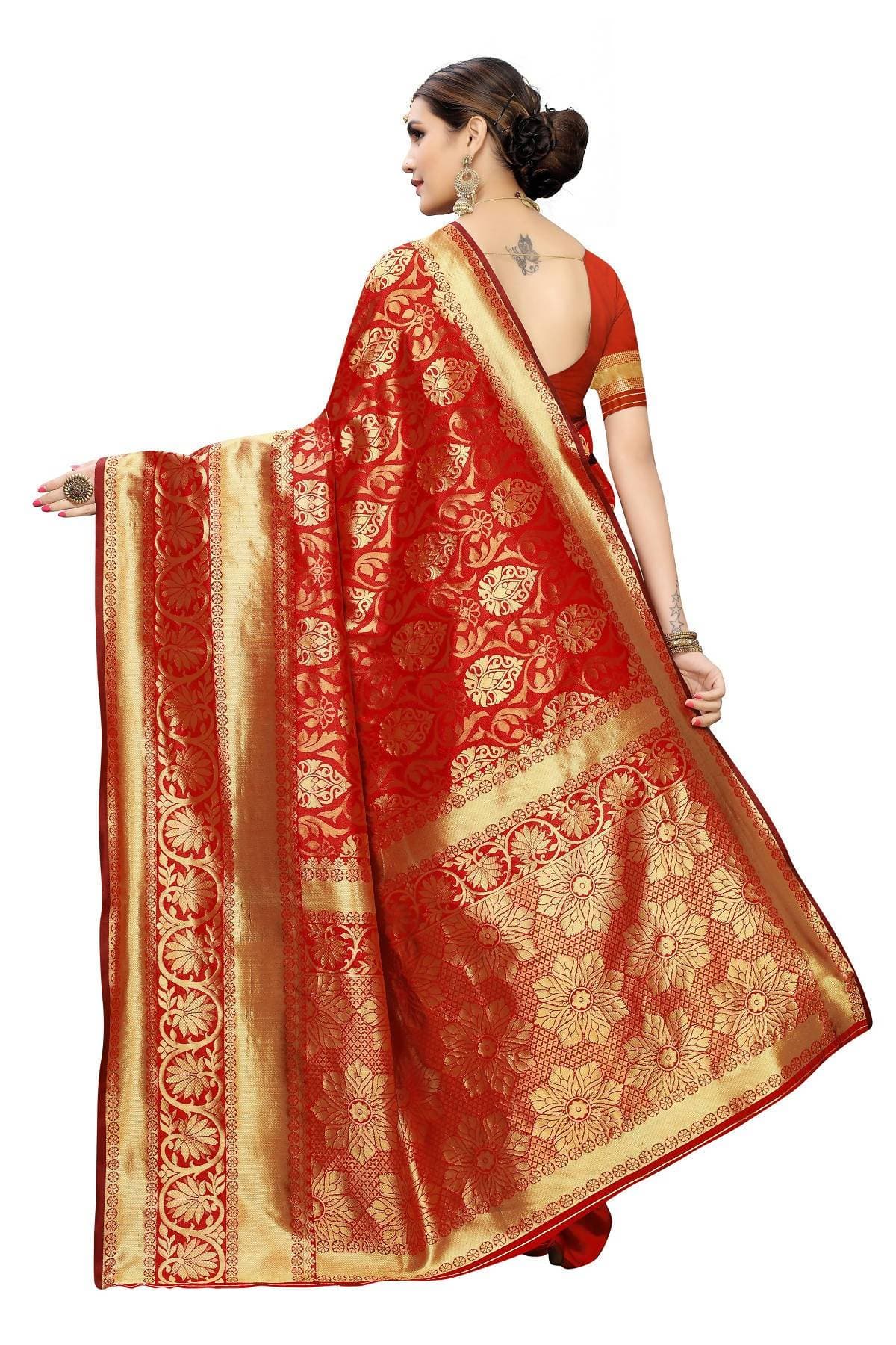 Vamika Banarasi Jaquard Red Weaving Saree | Swadesiicart