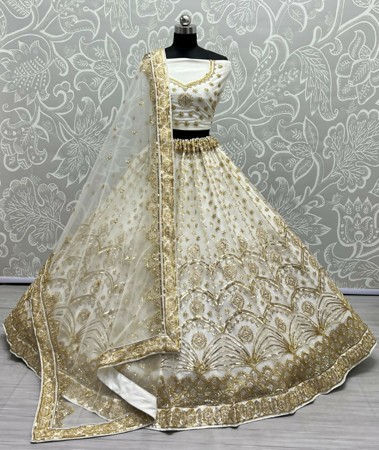 Jyoti Fashion Women's Off White Bridal Net Fancy Sequins with Multi Thread Embroidered & Handwork Wedding Lehenga Choli | Swadesiicart
