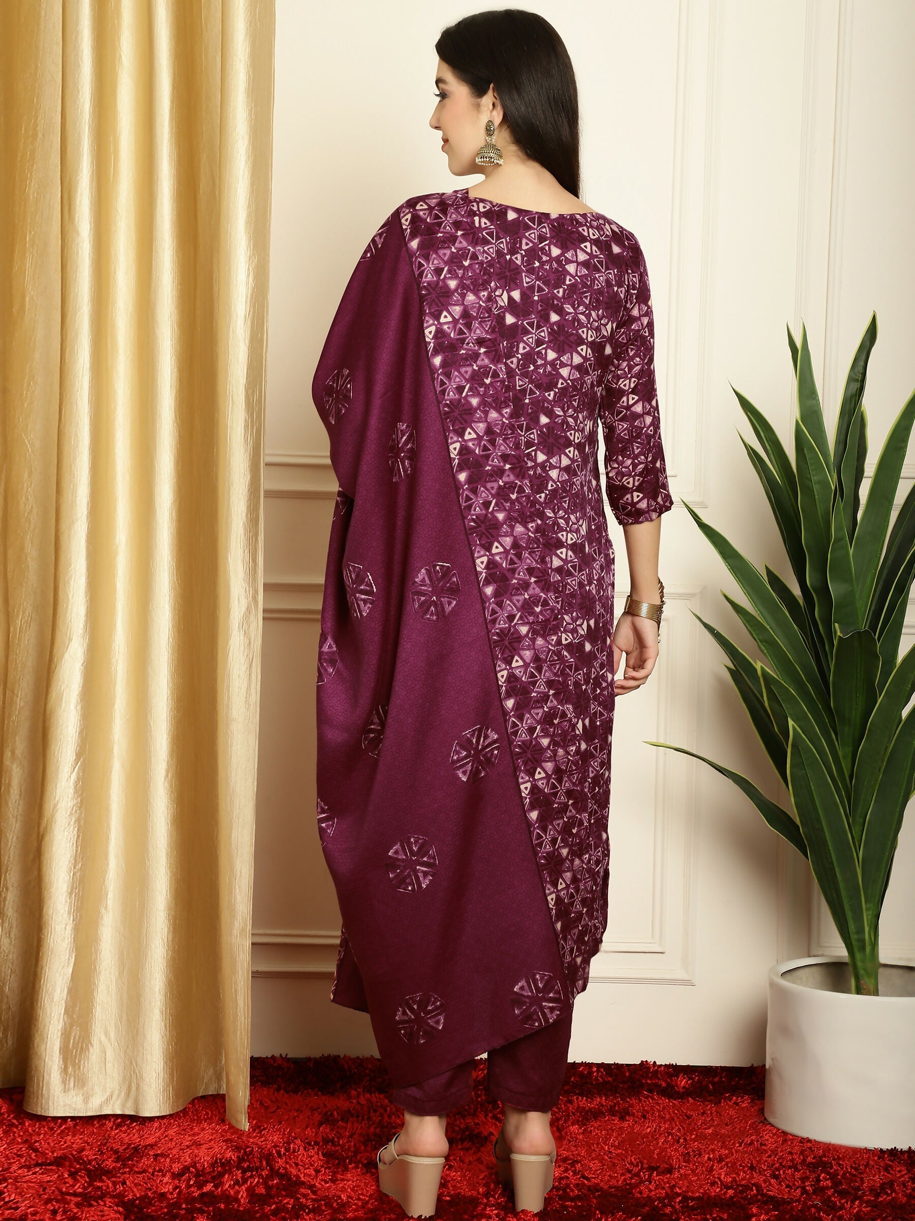Jyoti Fashion Women's Wine Pashmina Floral Digital Printed Kurta with Trouser & Dupatta | Swadesiicart