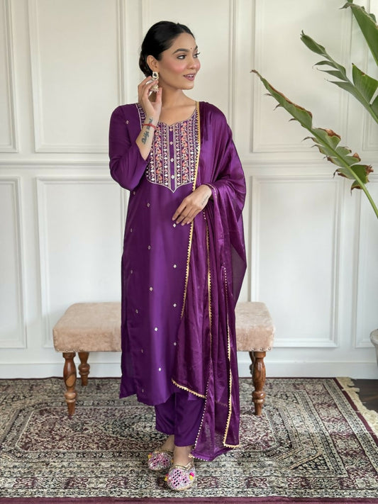 Purple Rayon Slub Stitched Suit With Dupatta - Tanisha | Swadesiicart