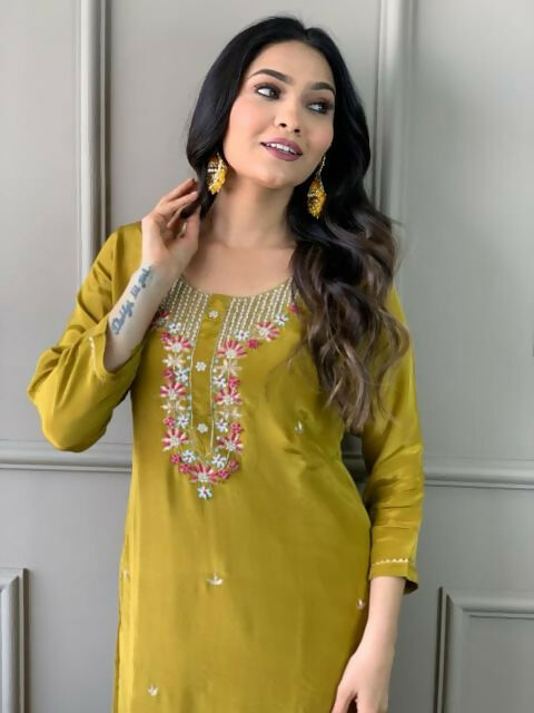 The52 Mustard Gorgeous Embroidered Viscose Chanderi Fabric Straight Kurta Pant with Dupatta Set - Swadesiicart