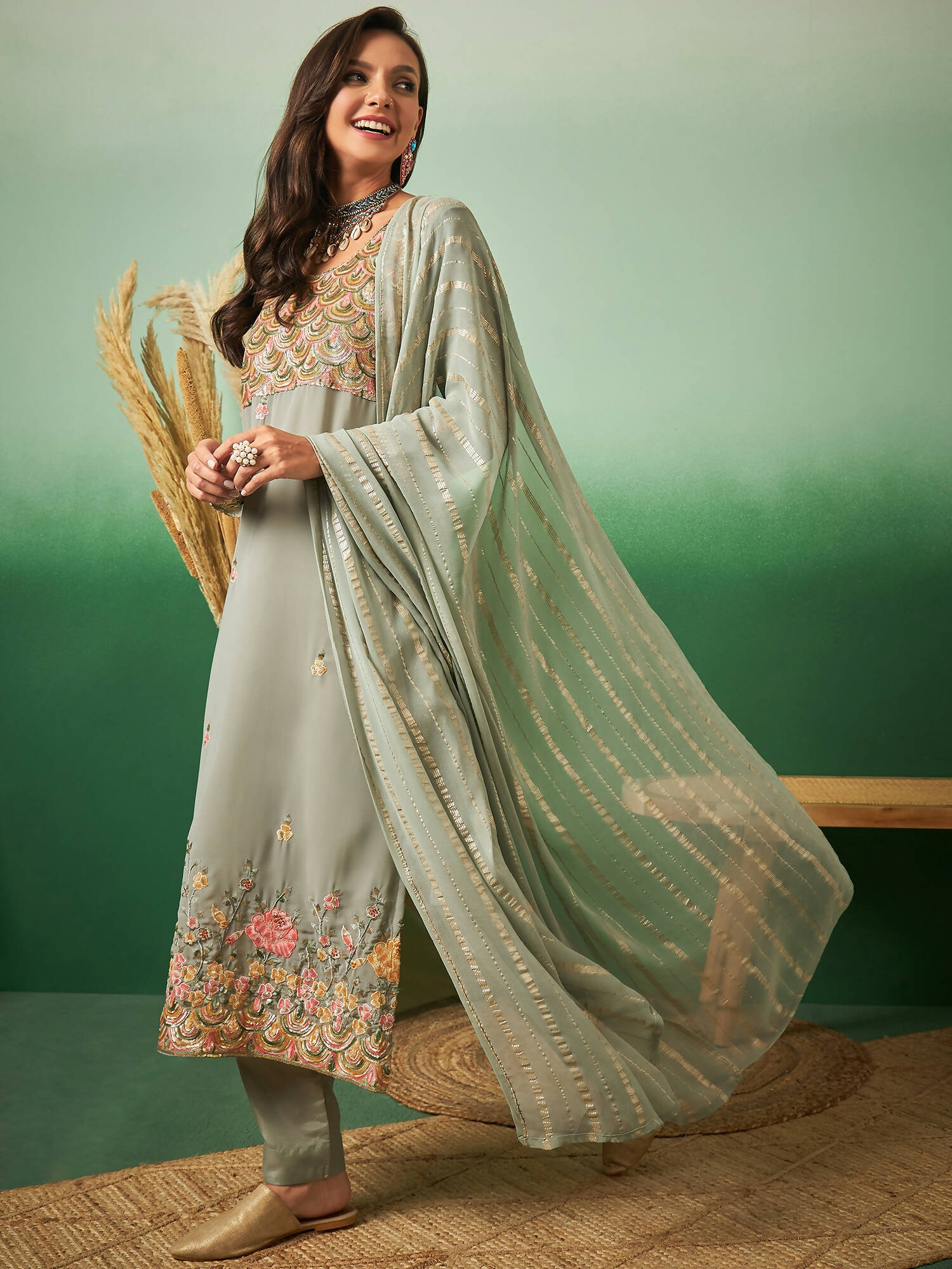 Light Green Georgette Handwork Unstitched Dress Material - Hanika | Swadesiicart