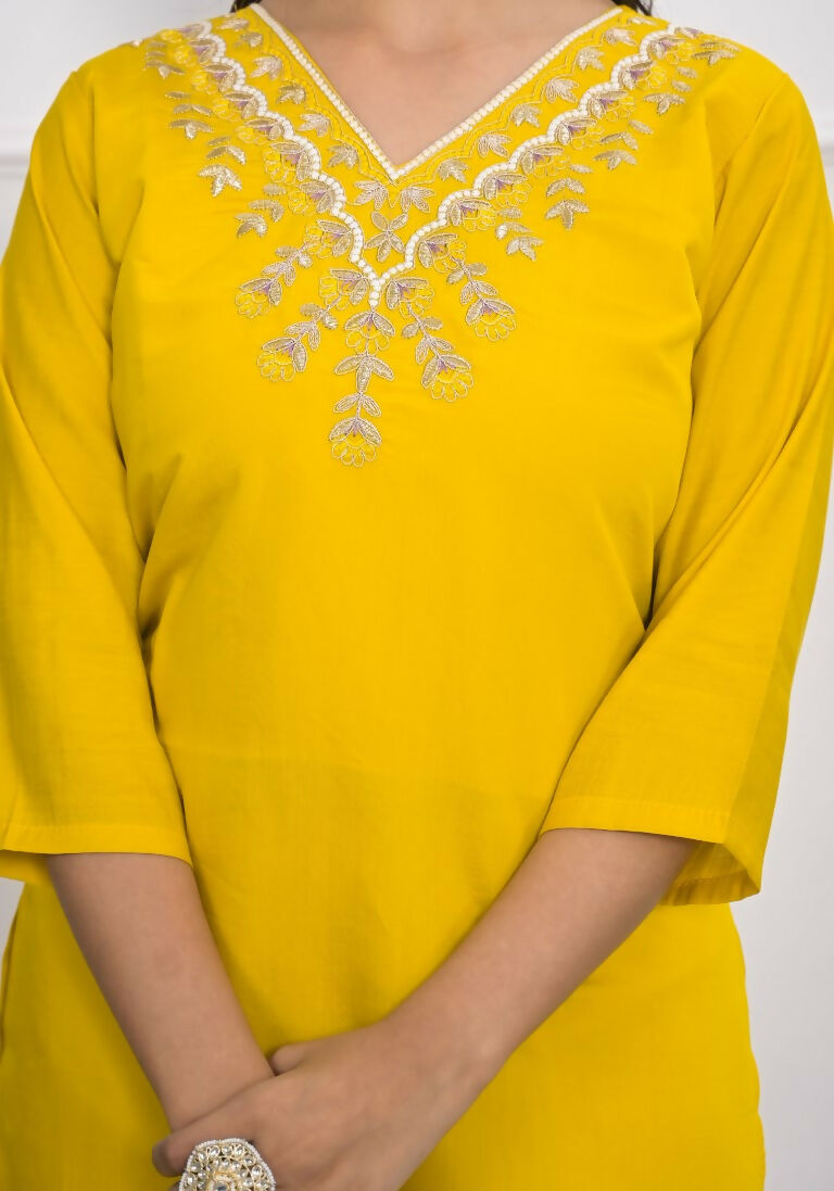 Yellow Viscose Silk Embroidery with Thread and sequence Stitched Suit With Dupatta - Tanisha | Swadesiicart