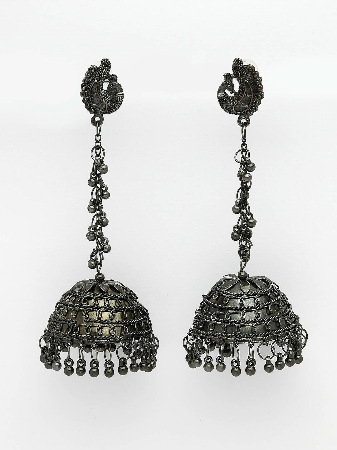 NVR Women Black Oxidised Brass-Plated Jhumka Earrings - Swadesiicart