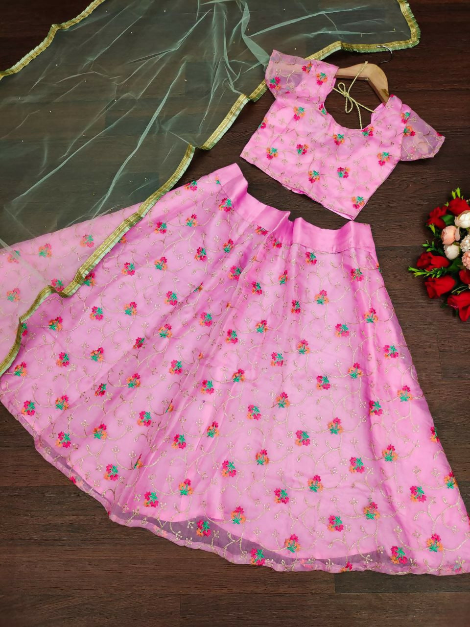 Jyoti Fashion Beautiful Pink Organza Silk Embroidered Kids Lehenga Choli Set | Swadesiicart