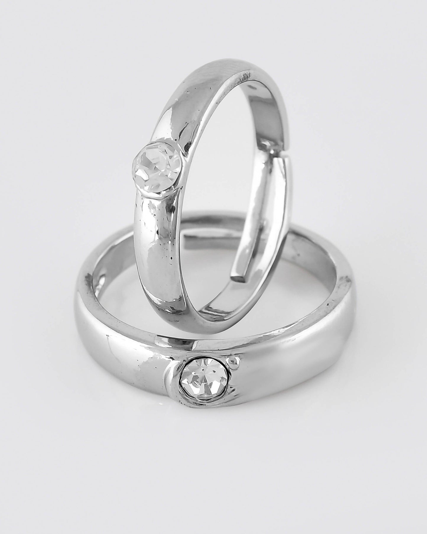 VOJ Stainless Steel Cubic Zirconia Silver Plated Adjustable Ring Set for Couple | Swadesiicart