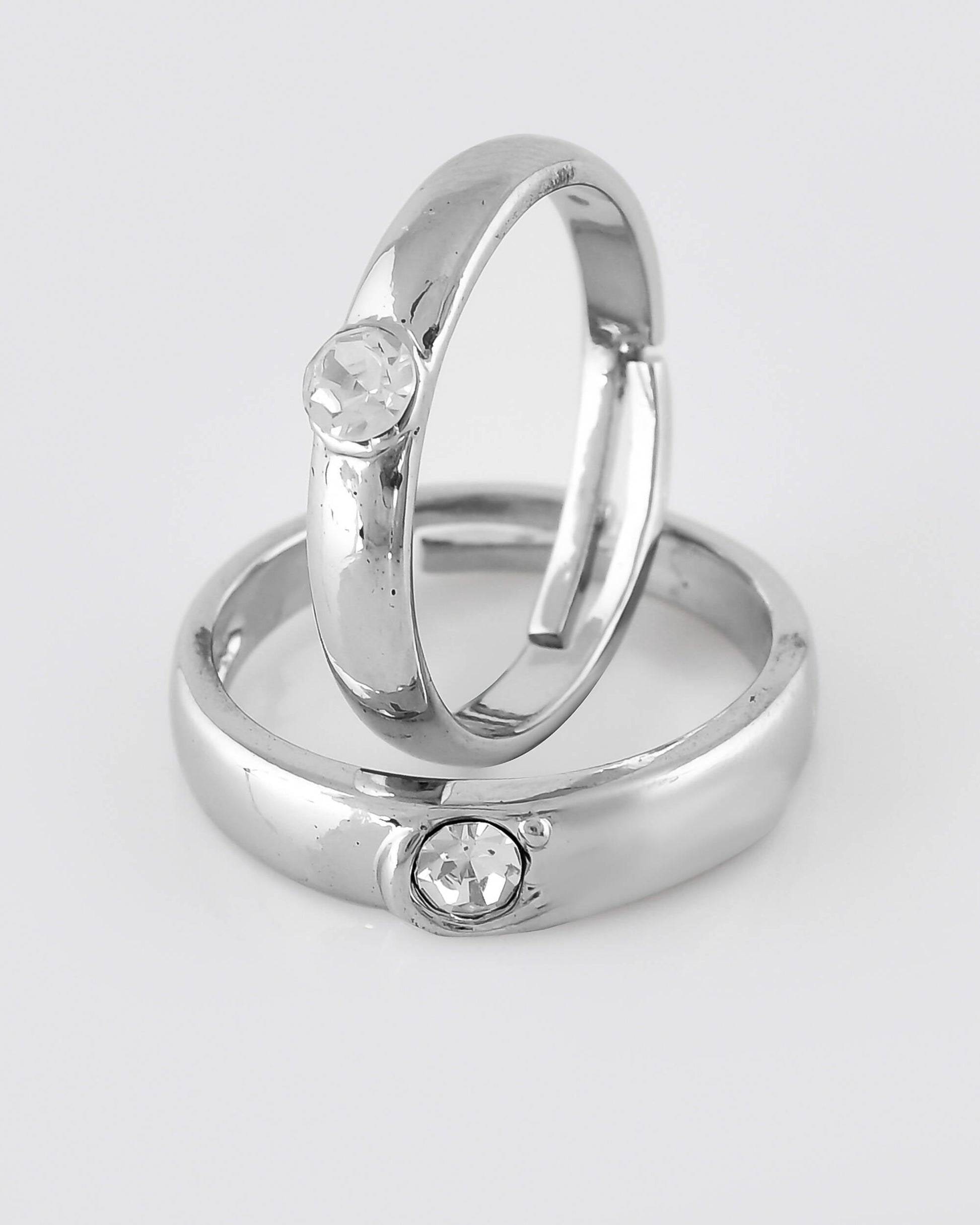 VOJ Stainless Steel Cubic Zirconia Silver Plated Adjustable Ring Set for Couple | Swadesiicart