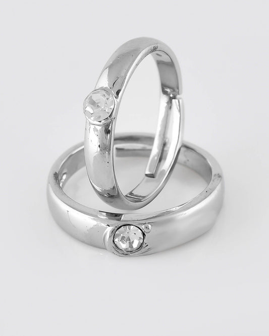 VOJ Stainless Steel Cubic Zirconia Silver Plated Adjustable Ring Set for Couple | Swadesiicart