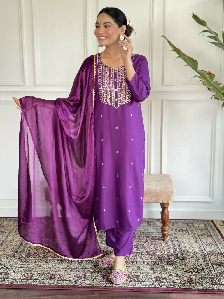 Purple Rayon Slub Stitched Suit With Dupatta - Tanisha | Swadesiicart