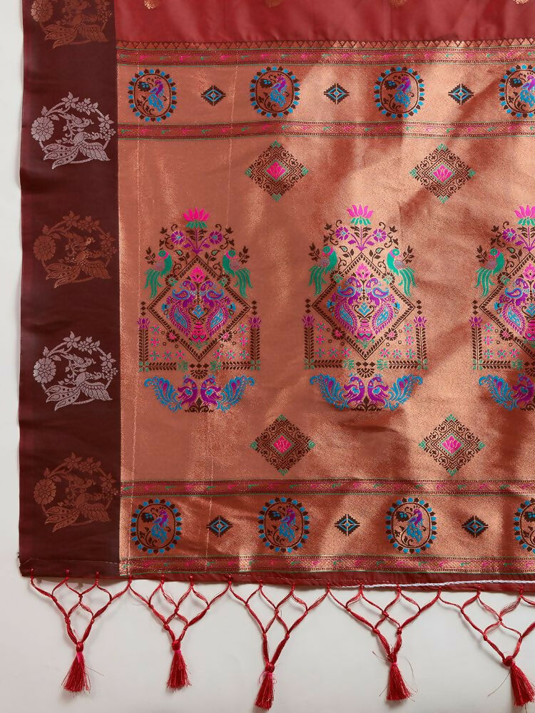 Vishnu Weaves Women's Maroon Banarasi Silk Zari Woven Saree with Blouse - Swadesiicart