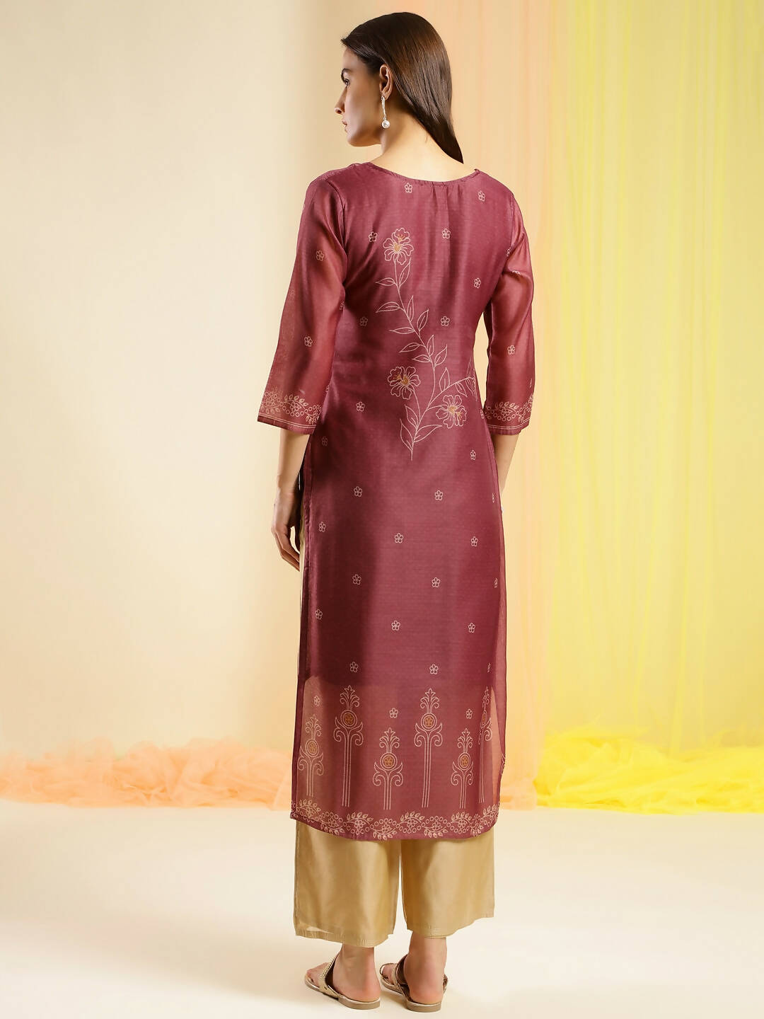 Maroon Chinon Digital Printed With Hand Work Kurta - Himanshi - Swadesiicart
