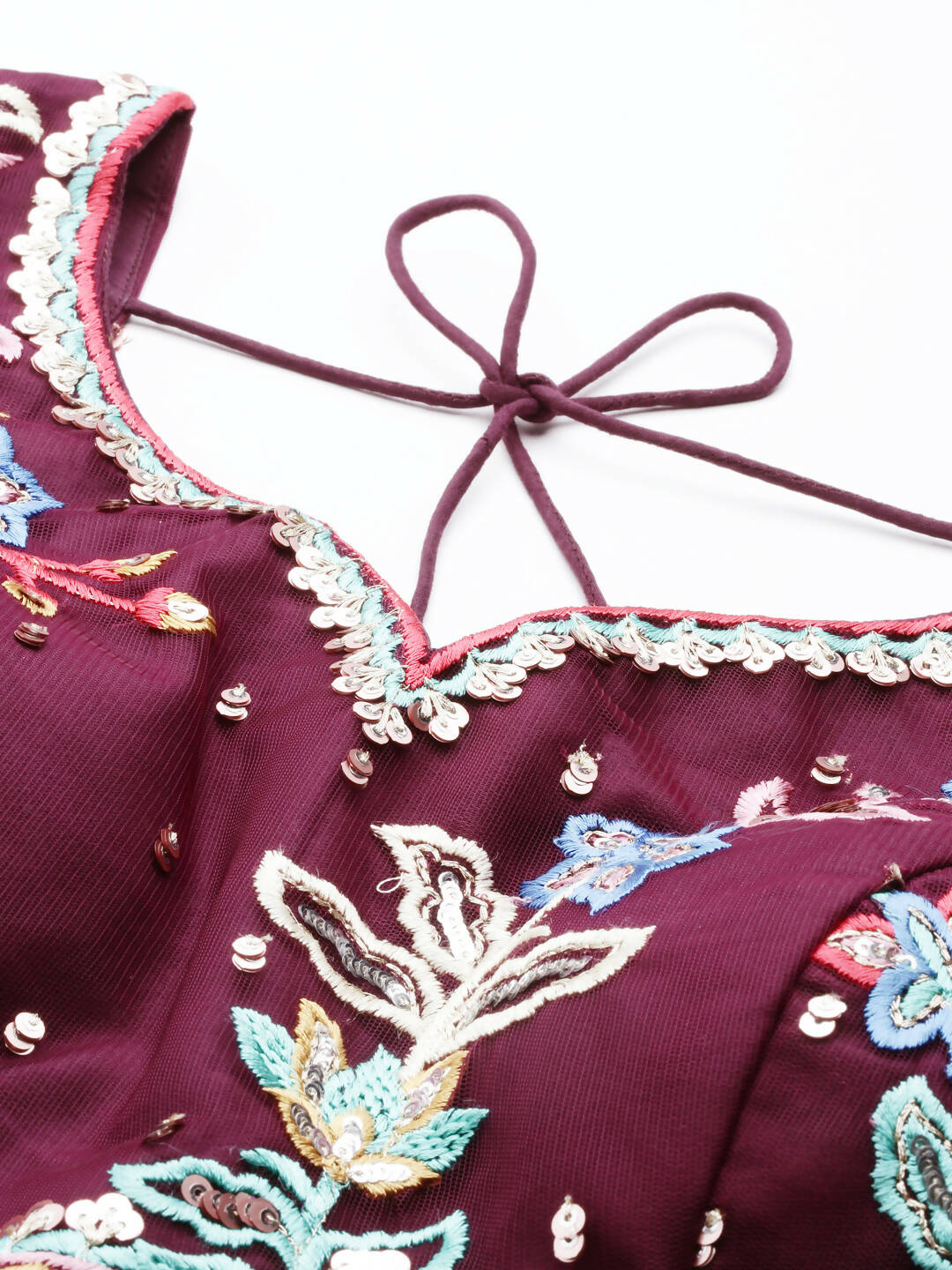 House of Panchhi Burgundy Net Multi colour Thread & Sequinse Work Lehenga & Blouse, Dupatta | Swadesiicart