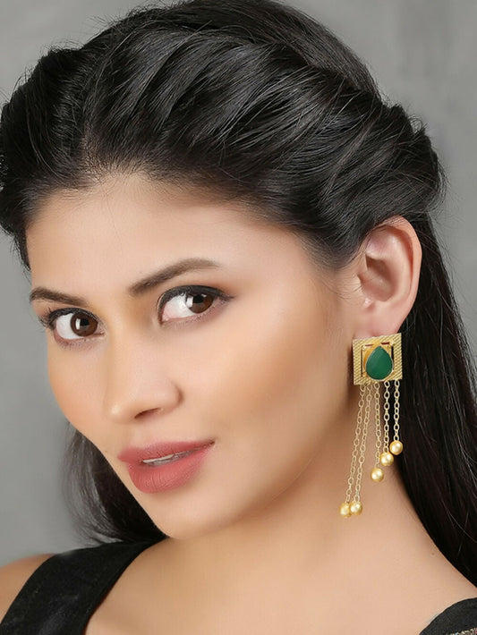 Joban Fashion Women Green Stone Golden Beats Matte Gold Earrings | Swadesiicart