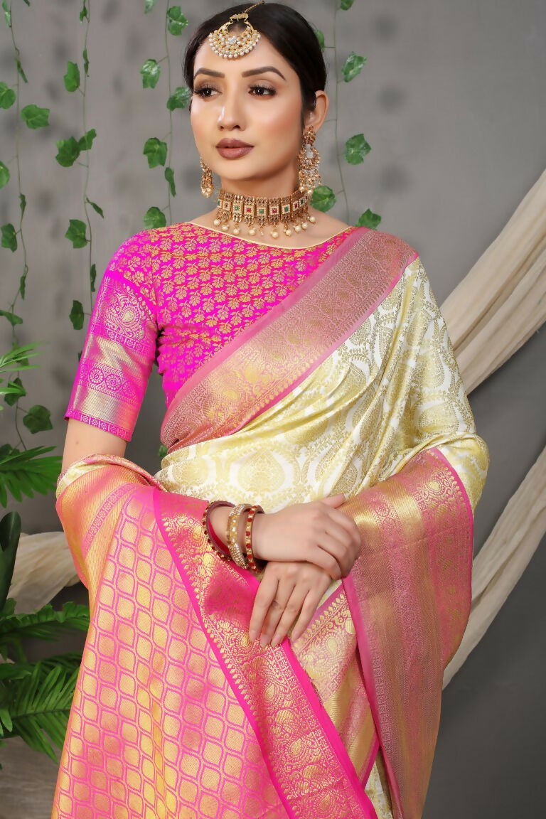 Jyoti Fashion Women's Off White Kanjivaram Silk Zari Woven Saree with Blouse | Swadesiicart