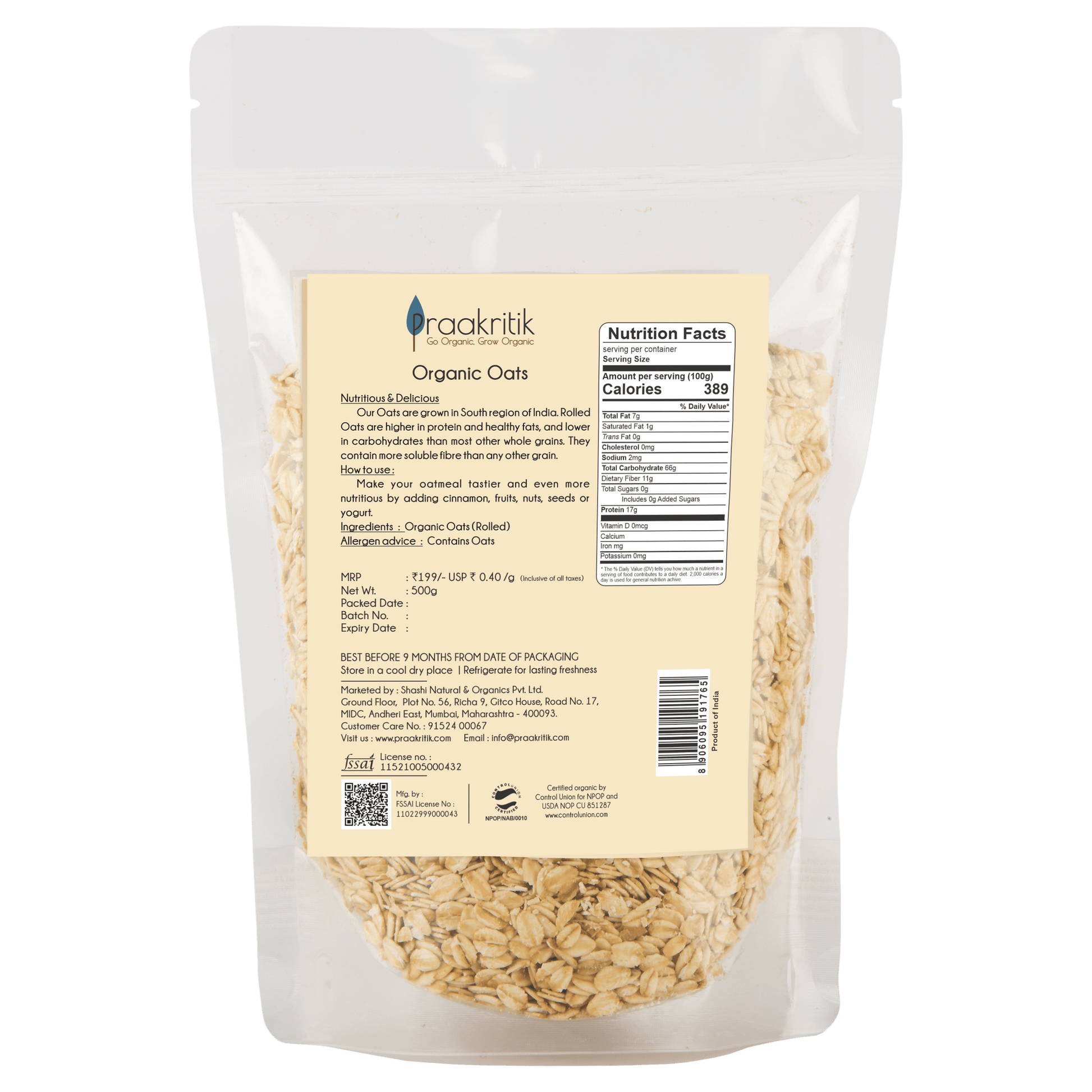 Praakritik Organic Rolled Oats - Swadesiicart