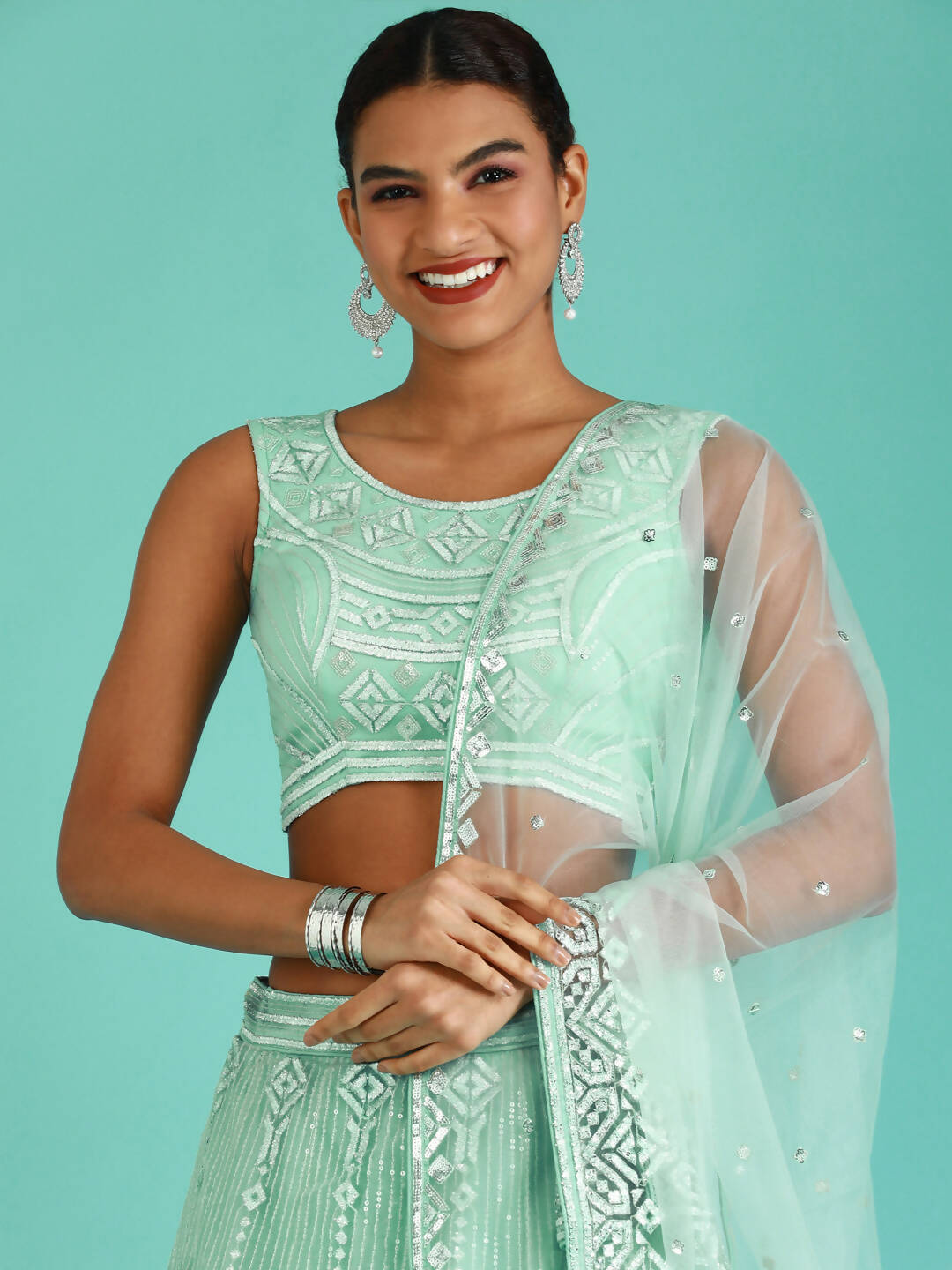House of Panchhi Turquoise Blue Net Gotapatti Work Lehenga & Blouse, Dupatta | Swadesiicart