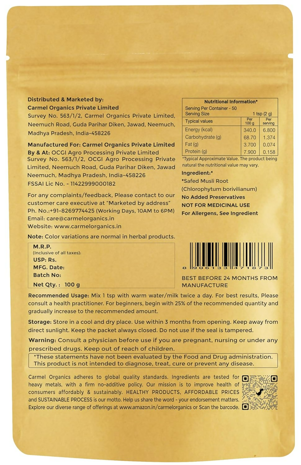 Carmel Organics Safed Musli Root Powder | Swadesiicart