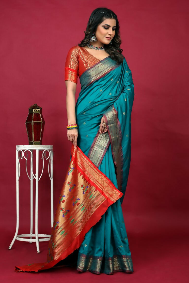 Jyoti Fashion Women's Sky Blue Paithani Silk Zari Woven Saree with Blouse | Swadesiicart