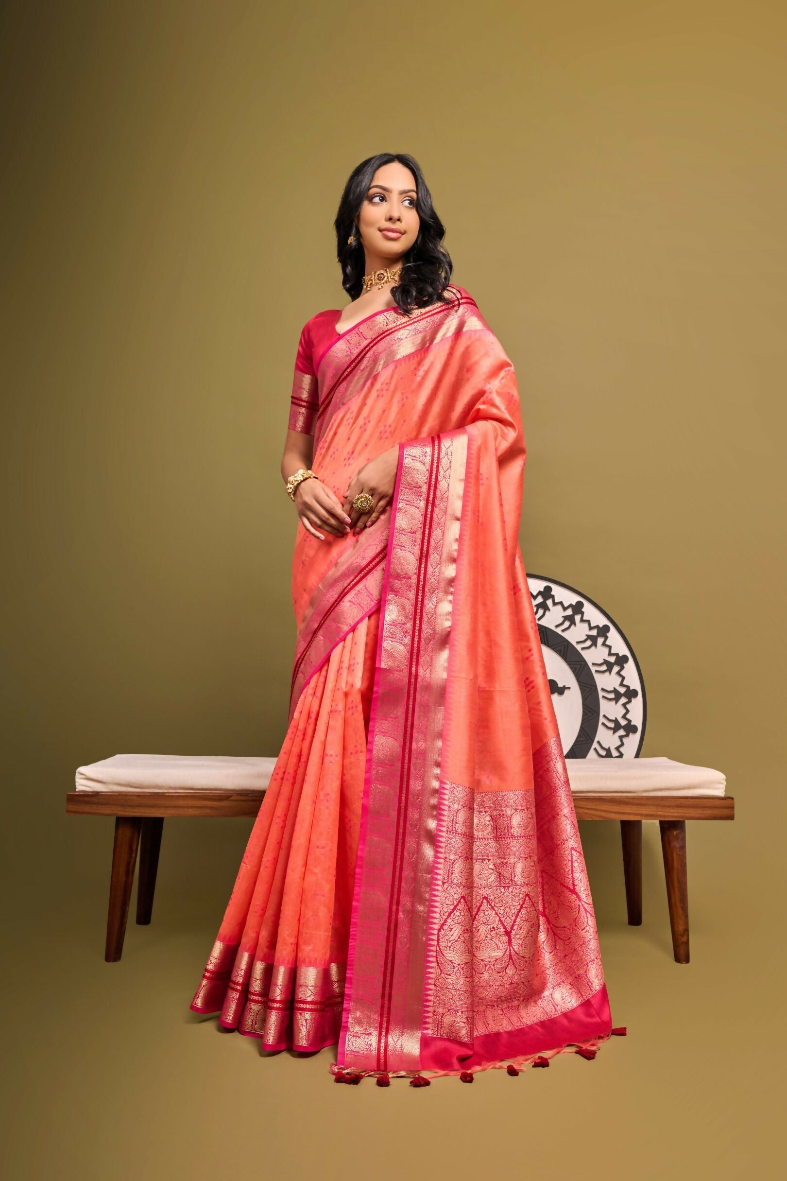 Vishnu Weaves Women's Peach Raw Silk Zari Woven Saree with Blouse - Swadesiicart