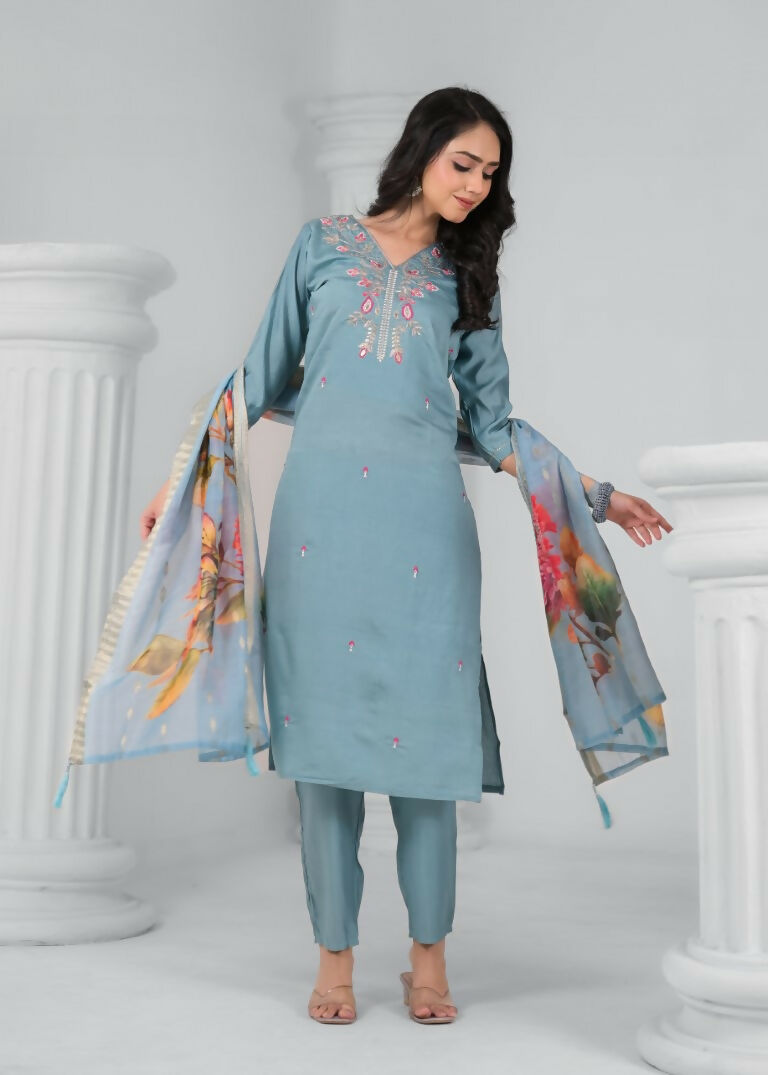 Ethnic Festive Wear Chanderi Viscose Sky Stitched Suit With Dupatta - Tanisha | Swadesiicart