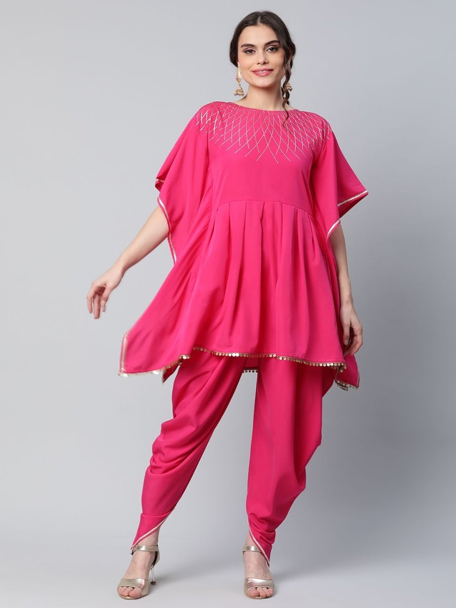 Ahalyaa Women Pink Crepe Glitter Printed Kurta with Dhoti Pants | Swadesiicart