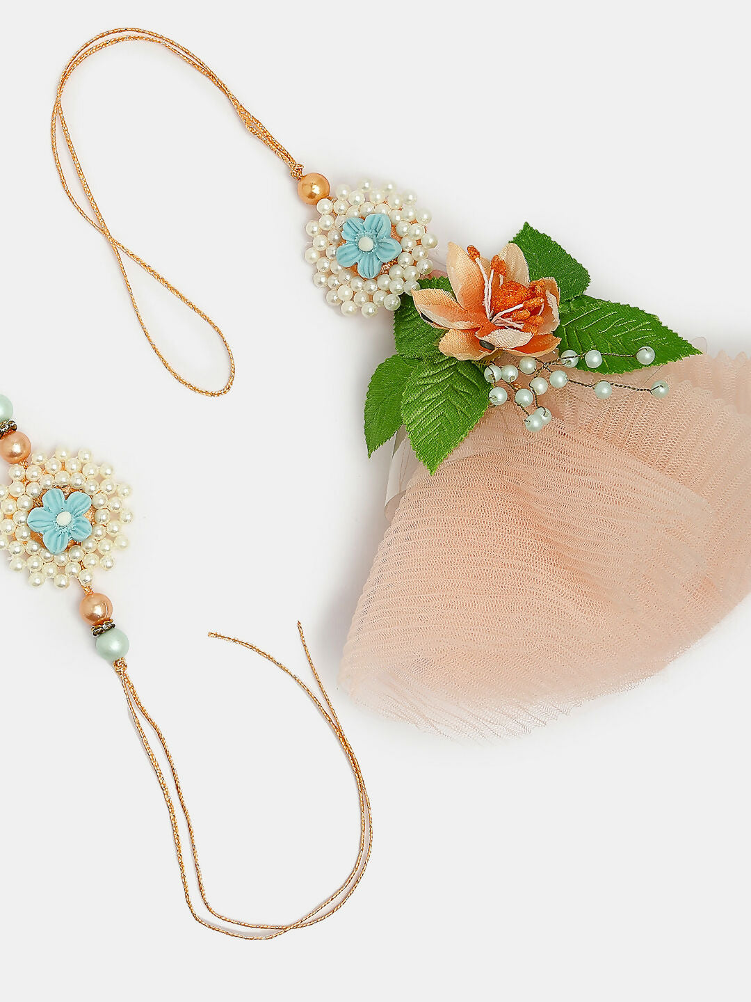 NVR Women & Men Set of 2 Peach Floral Design Pearl Beaded Bhaiya Bhabi Rakhi With Roli Chawal | Swadesiicart