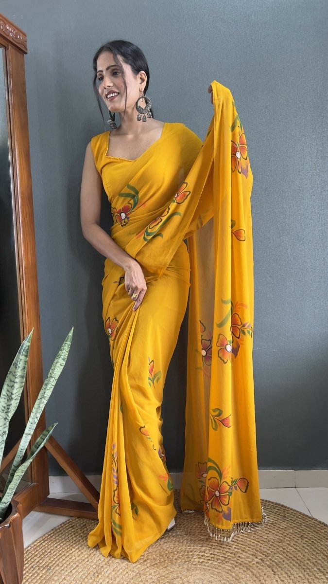 Aayaa Designer 1 min Hand Painted Ready to Wear saree - Mustard Yellow | Swadesiicart