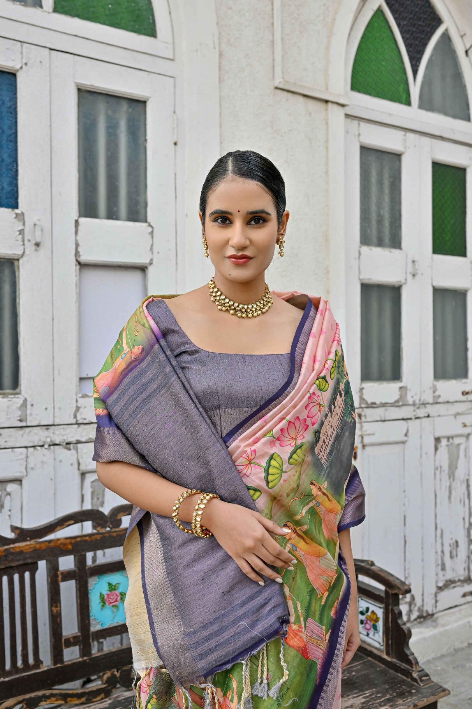 Vishnu Weaves Women's Purple Soft Tussar Silk Saree with Blouse - Swadesiicart