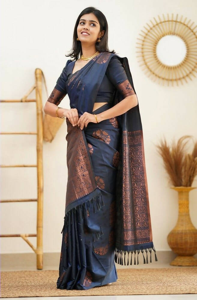 DEIANA'S Beautiful Designer Golden zari Soft Lichi Silk Saree - Navy Blue - Swadesiicart