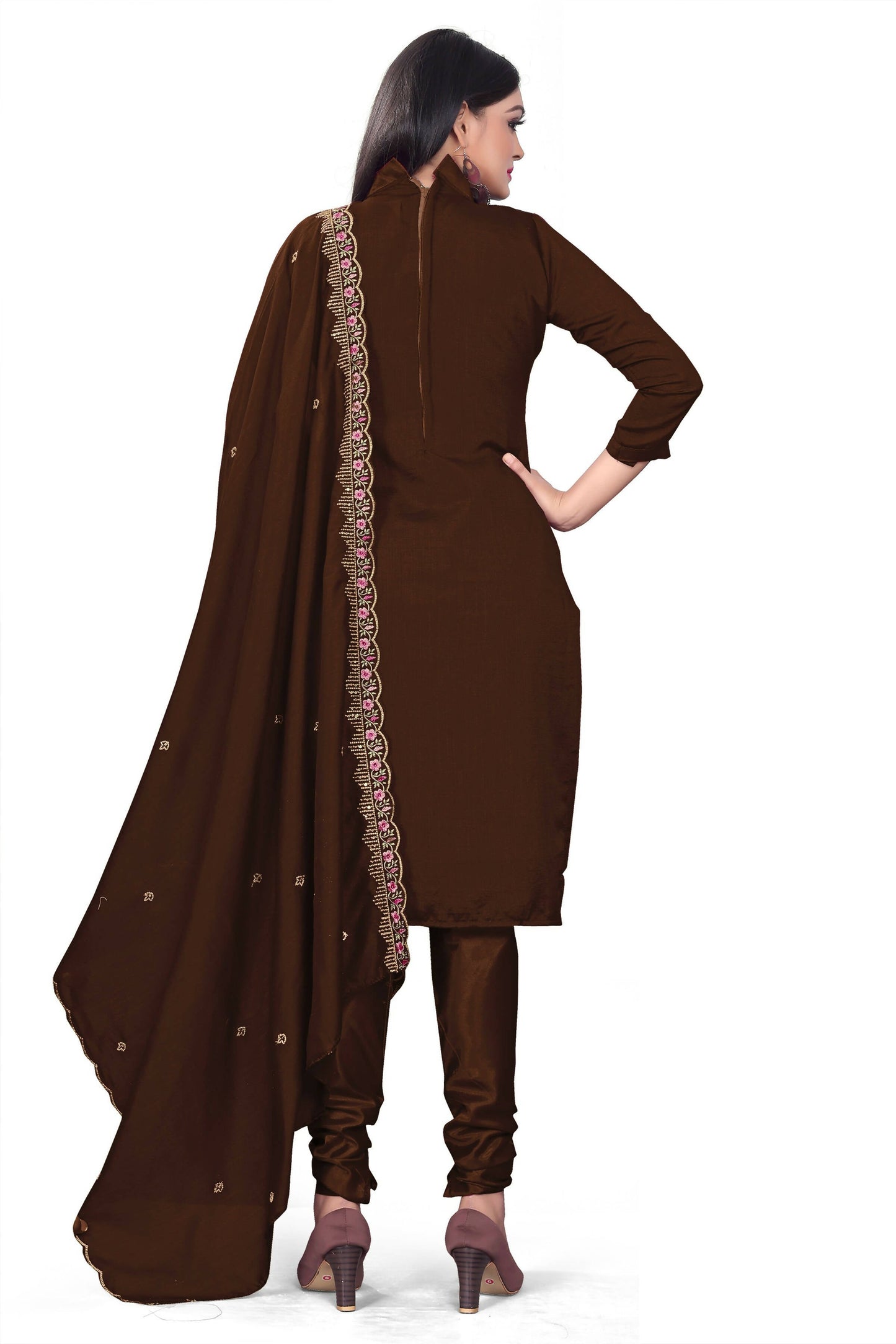 Brown Silk Embroidered with Sequins work Unstitched Dress Material - Tanvi