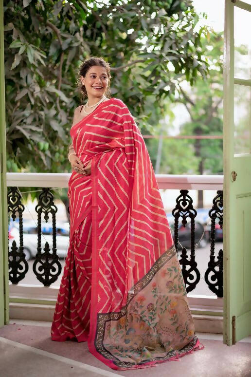 Vishnu Weaves Women's Gajri Soft Tussar Silk Digital Printed Saree with Unstitched Blouse - Swadesiicart