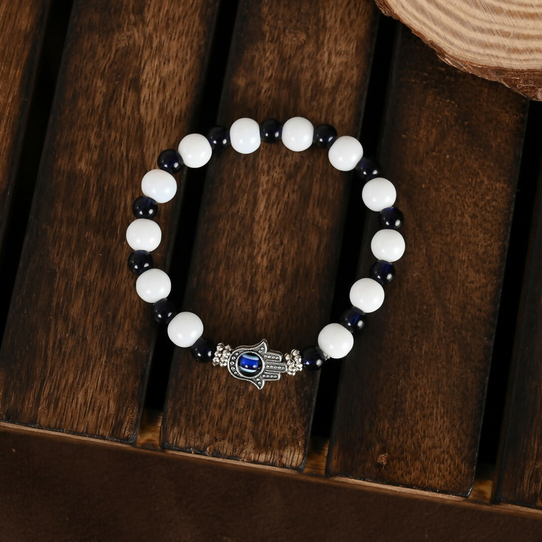 NVR Women & Men Black & White Evil Eye Elasticated Rakhi With Roli Chawal - Swadesiicart