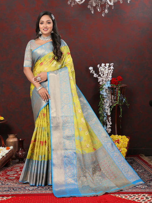 Lorenvalley Fashion Yellow Cotton Woven Design Zari Meenakari Weaving Saree - Swadesiicart