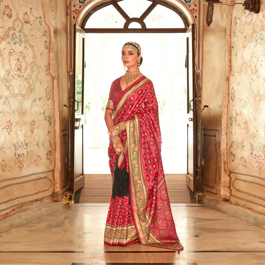 Mojo Red Silk With Banarasi Print Work Saree - Trirath Yamuna | Swadesiicart