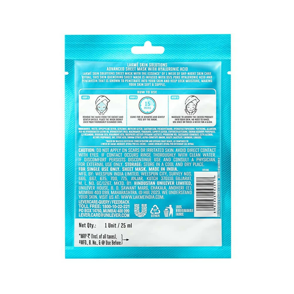 Lakme Solutions Sheet Mask Hydrating with Hyaluronic Acid - Swadesiicart