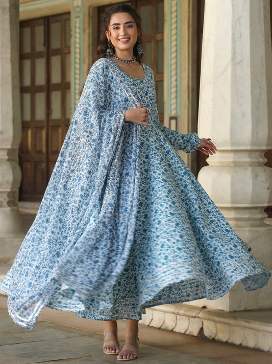 Juniper Women's Blue Cambric Floral Printed Circular Kurta Dupatta Sets | Swadesiicart