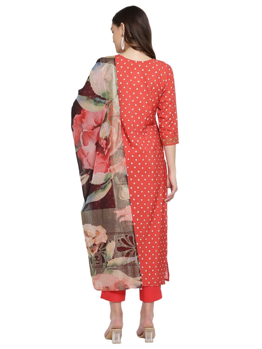 Ahalyaa Red Crepe Bandhani Gold Printed Kurta Pant With Dupatta | Swadesiicart