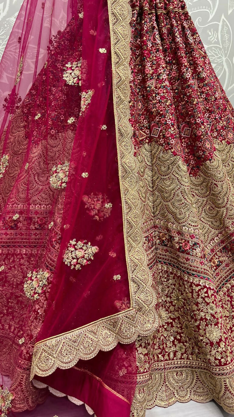 Jyoti Fashion Women's Rani Pink Velvet Fancy Dori & Sequins Multi Thread Embroidered with Diamond Work Wedding Lehenga Choli | Swadesiicart
