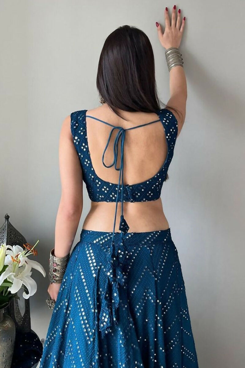 Jyoti Fashion Blue Thread Embroidery Georgette Designer Lehenga Choli with Dupatta | Swadesiicart