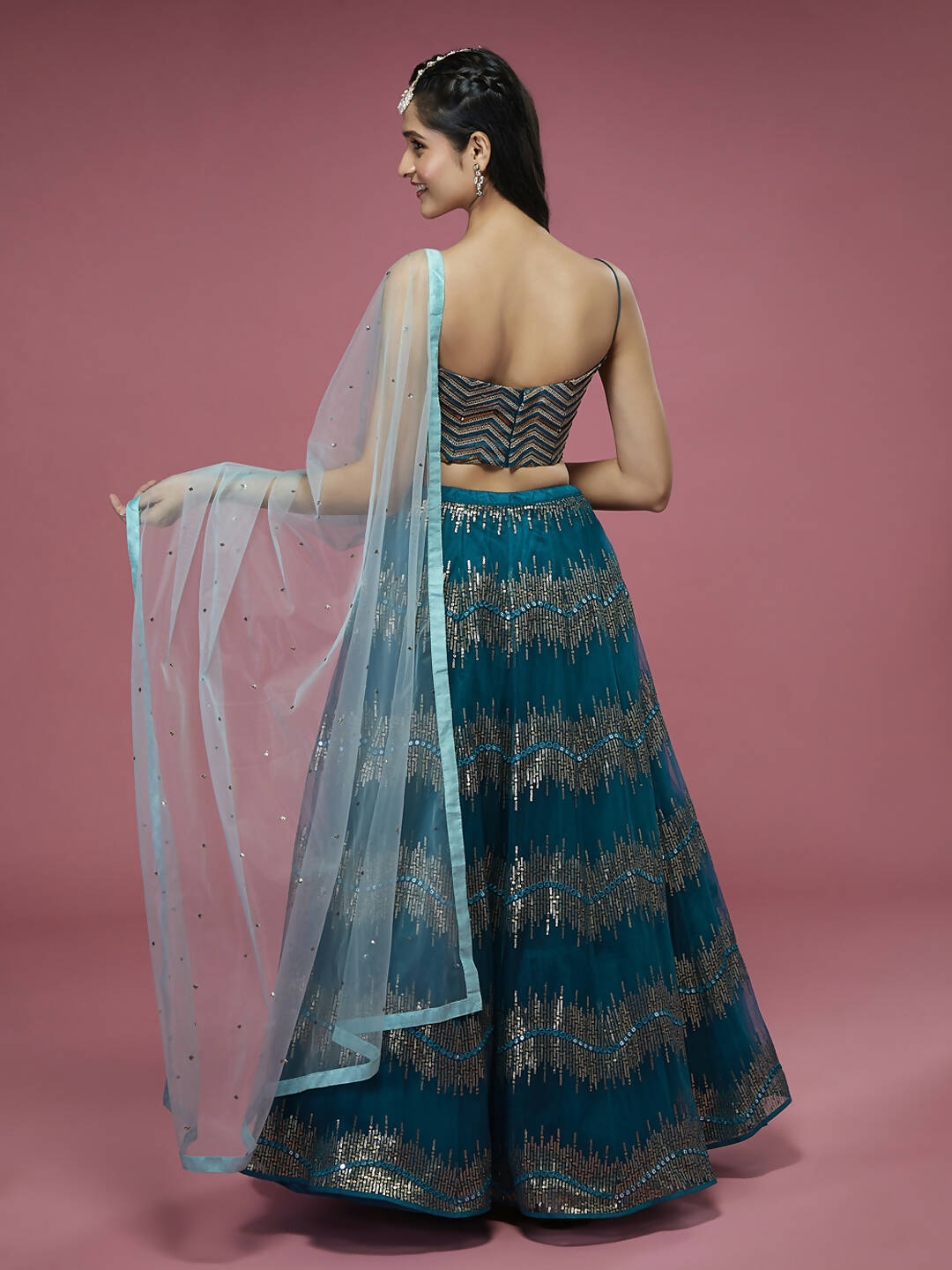 House of Panchhi Teal Net Sequinse Embroidered Lehenga & Blouse with Dupatta | Swadesiicart