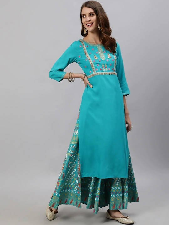 Anubhutee Blue Floral Embroidered Empire Sequinned Kurta with Skirt | Swadesiicart