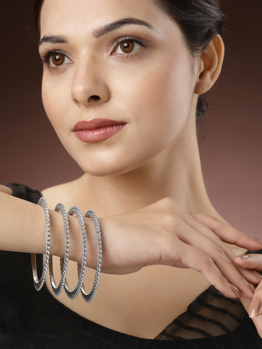 NVR Women's Set of 4 Silver-Toned German Silver Oxidised Bangles - Swadesiicart
