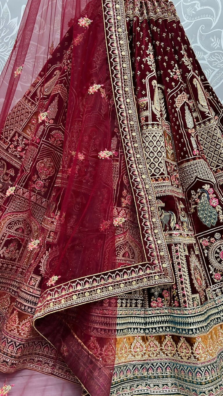 Jyoti Fashion Women's Maroon Velvet Fancy Dori & Sequins with Multi Thread Embroidered with Diamond Work Wedding Lehenga Choli | Swadesiicart