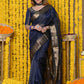 Very Much Indian Rajsi - Handloom Ari Checks Cotton Silk Saree With Golden Border - Indigo Blue | Swadesiicart